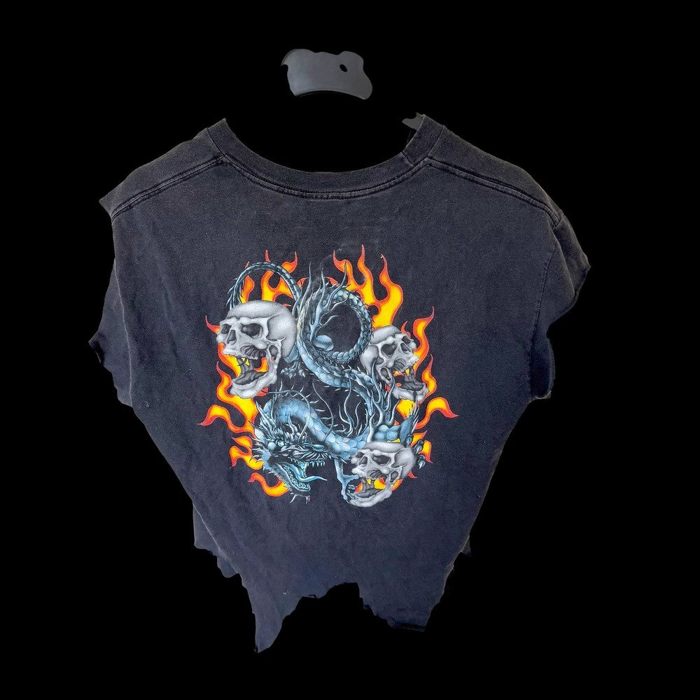 Top Heavy Custom Distressed Dragon‎ Skull Graphic Vest Black Sleeveless Chain L
